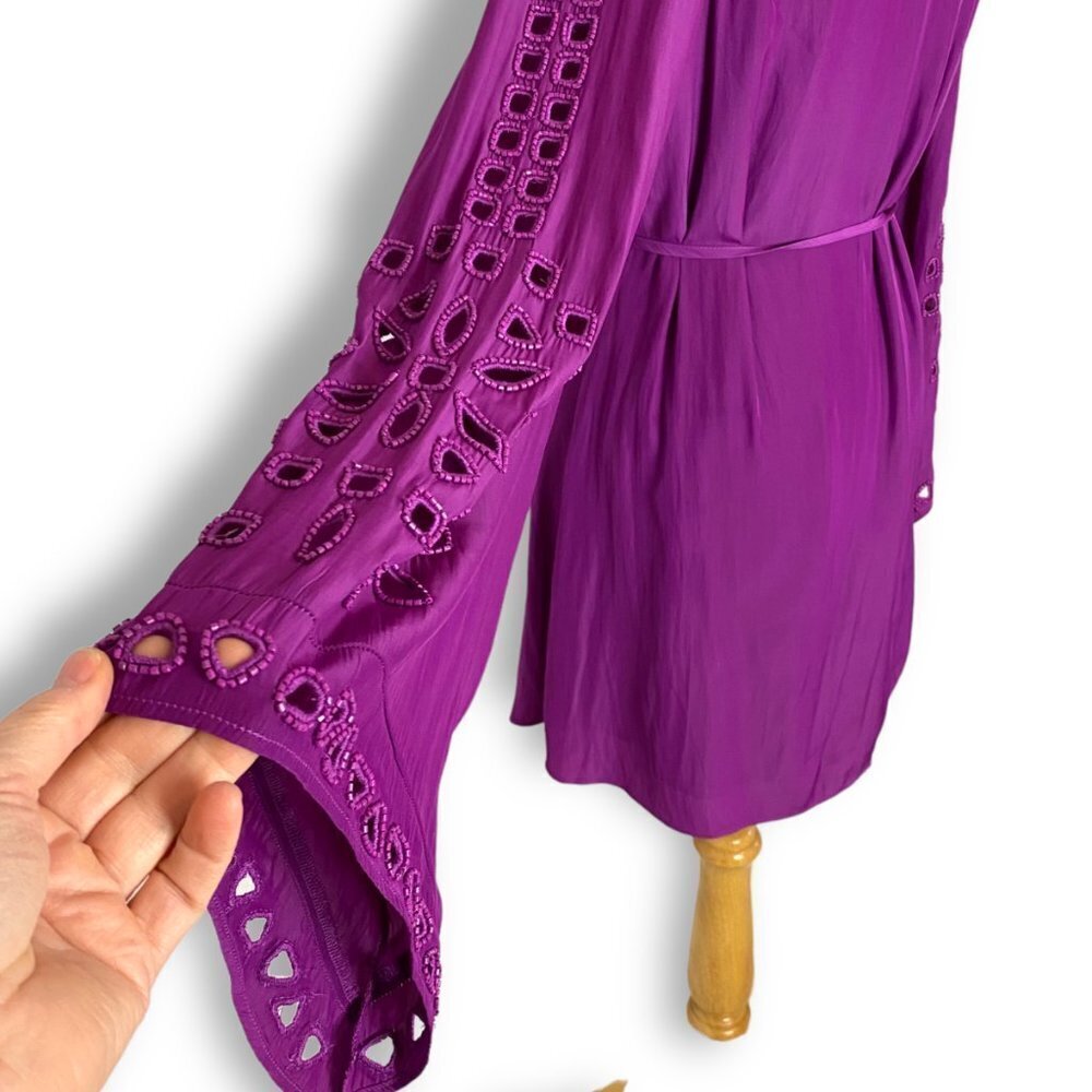 Ramy Brook Eyelet Molly Pink Purple Long Bell Sleeve Mini Dress, Beaded, Sz XS - Picture 8 of 11
